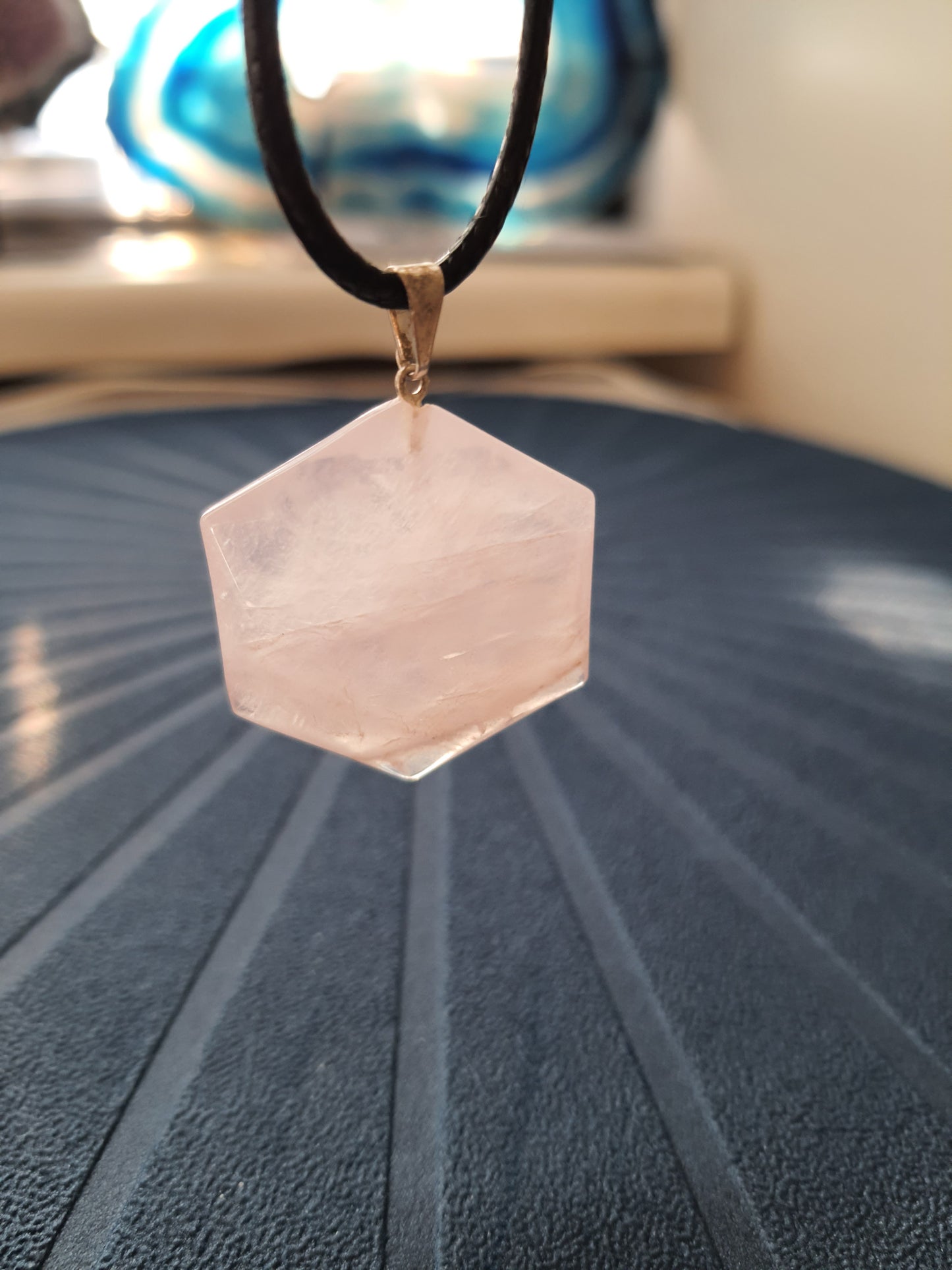 hexagonal shaped pink quartz necklace